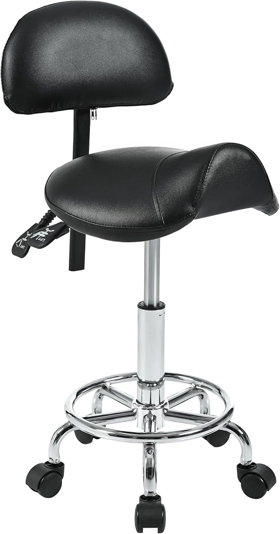 Saddle Stool with Back Support, Rolling Stools with Foot Rest, Ergonomic Adjustable Stool with Wheels, Backrest Adjustable Height & Angle for Salon Spa Massage Office Swivel Chair