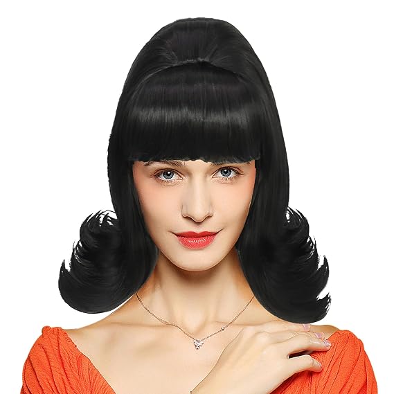 Black Flip Wig Women 60s Wig Short Black Beehive Synthetic Hair for Vintage 50s Halloween Party Costume