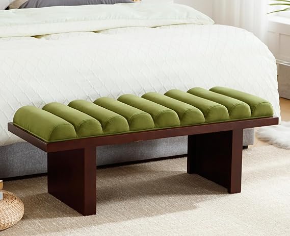 ROCITY 47 Entryway Bench, Wooden Frame with Thick Padded Cushion, Green