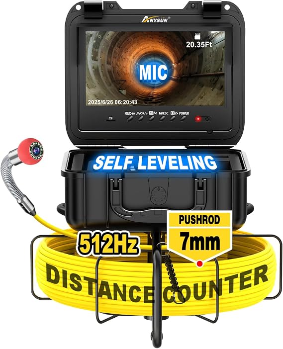 Anysun Self Leveling Sewer Camera 512Hz with Distance Counter, MIC, 7MM Thicker Cable, 165Ft Pipe Inspection Cameras with 9'' 1080P Screen, Video Drain Cam IP68 Industrial Borescope Snake, 32GB Card