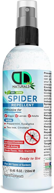 100% Natural Spider Repellent, Non Toxic and Highly Effective Against Spiders, Prevents Web Building, Deters Spiders Naturally, Suitable for Indoor and Outdoor Use Everyday Use (250ml Spray)