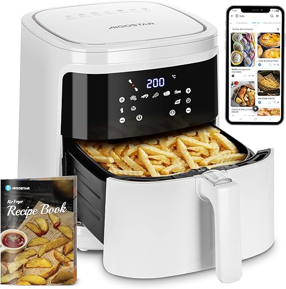 Aigostar White Cube Smart Heißluftfritteuse 7L XXL Friteuse Heissluft 1900W Heissluftfriteuse APP-Steuerung 7 Programmen Warmhalten 20 Rezepte 6-10 Personen Digitalem LED-Touchscreen Air Fryer Smarte Friteuse Heissluft mit APP-Steuerung 7 Programmen &amp; Warmhalten Digitaler LED-Touchscreen für 6-10 Personen Rezepte