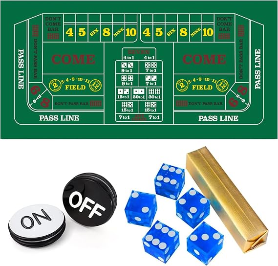 GSE Games & Sports Expert Craps Table Top Game Set, Including A Craps Layout Felt, 5 Casino Dice and A Craps ON/Off Button for Craps Games, Casino Games