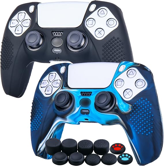 Studded Silicone Cover Skin Case for PS5 Controller x 2(Black+Camouflage Blue) with Pro Thumb Grips x 10