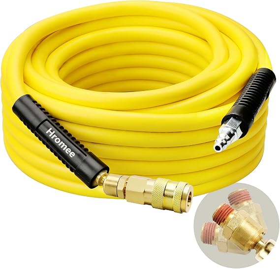 Hromee Air Compressor Hose 3/8 in x 50 ft Hybrid Rubber & PVC Hose with 1/4 in MNPT Swivel End Connector and Quick Universal Industrial Coupler & Plug Kit 300 PSI Yellow