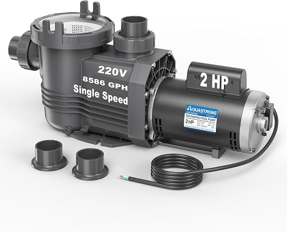Aquastrong Riptide Series 2 HP In/Above Ground Pool Pump, 220V Single Speed, Up to 8,586 GPH High Flow, Pure Copper Motor, Energy Efficient, Self Priming with Filter Basket