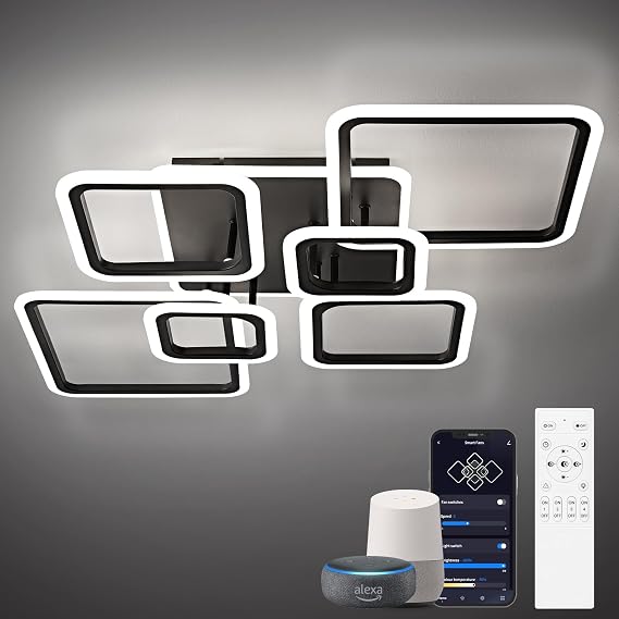Smart LED Ceiling Light, 36.2 Square Flush Mount Fixture, 6+1 Ring Modern Design, 130W Dimmable Acrylic Light with Remote, WiFi Alexa & App Control for Bedroom Living Room Dining Room (Black)