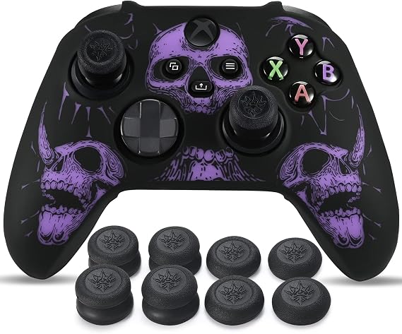 YoRHa Laser Carving Silicone Skin for Xbox Series X/S Controller x 1(Skulls Purple) with Exclusive Thumb Grips x 8