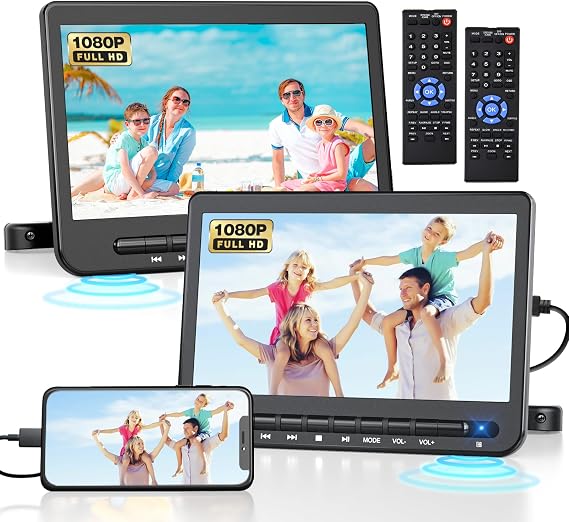 10.1" Dual Headrest DVD Player for Kids, DVD Player for Car with HDMI Input, Car DVD Player Dual Screen AV Out, Portable DVD Player Support USB/CD/DVD, Mounting Brackets and Straps