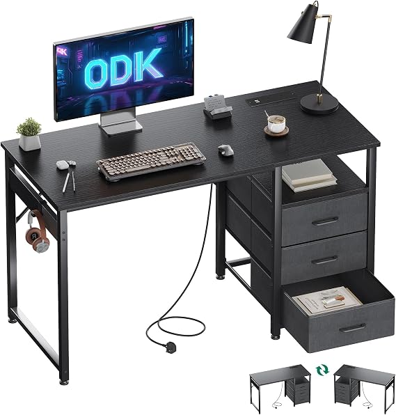 ODK Computer Desk with Drawers, 120cm Office Desk with Sockets, Black