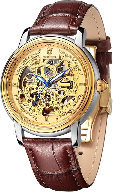 ROCOSJEWE Men's Automatic Mechanical Watch Gold Skeletonized Retro Luxury Timepiece Brown Strap with Butterfly Clasp Luminous & Water-Resistant Gift