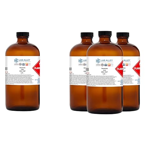 Lab Alley Hexanes Lab Grade Solvent, Non-Polar Chemical for Extractions, Sample Prep & General Laboratory Applications, 1 Gallon (Pack of 4 x 1 Quart Bottles)