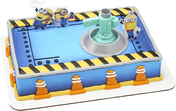 DecoSet Minions Fart Bubble Blaster Cake Topper, 4 Piece Decoration Set With Working Bubble Wand, Stand, Kevin, Bob, Stuart Minions | For Birthday And Celebrations