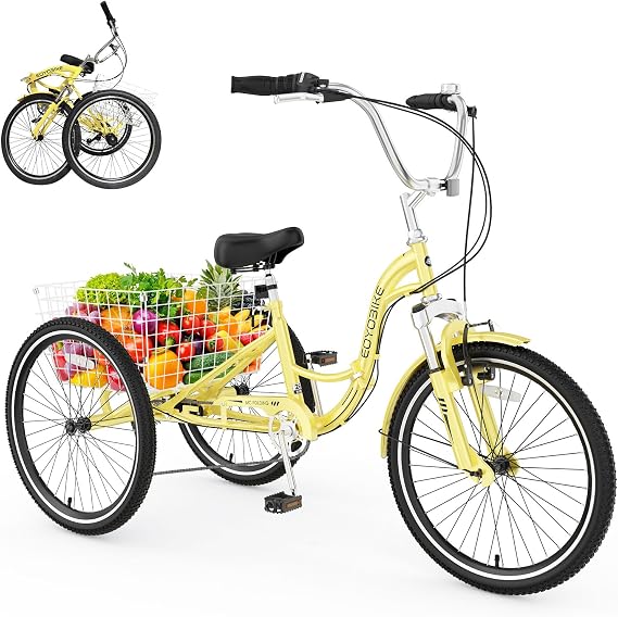 Adult Folding Tricycle, 7-Speed 3-Wheel Cruiser Bike with Low Step-Through Frame, Large Rear Basket, Adjustable Seat, 20/24/26 Inch Options