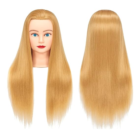 Training Head 26"-28" Long Hair Mannequin Training Head Dolls for Cosmetology Synthetic Fiber Hair Styling Hairdressing Manikin Head for Hairdresser with Clamp Stand (Blonde)
