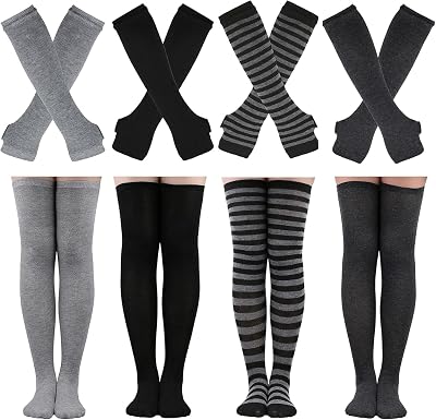 Elfcool 24 Sets Womens Long Striped Knee High Socks Knit Fingerless Arm Warmers for Halloween Christmas