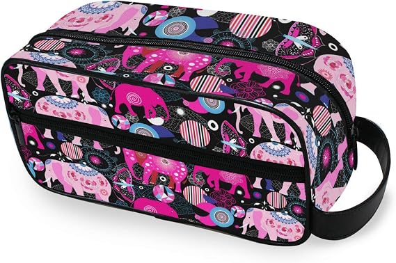 Seamless Bright Colorful Pink Elephants Leaves Flowers on Dark Women's Portable Makeup Bag with Side Handle, Zipper Cosmetic Bag, Men's Travel Cosmetic Bag, Toiletry Bag 10 x 4.5 x 4.9 inch