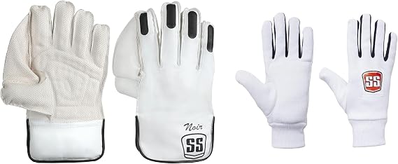 SS Noir Premium Cricket Wicket Keeping Gloves and Inner Gloves Included Combo - Youth Size, (Color Choice - White or Black)