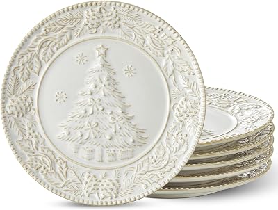 Cream White Christmas Tree Salad Plates, 8 Inch Ceramic Plate Set, Appetizer Dishes for Pasta, Side Dishes, Holiday Treats, Dishwasher & Microwave Safe, Set of 6