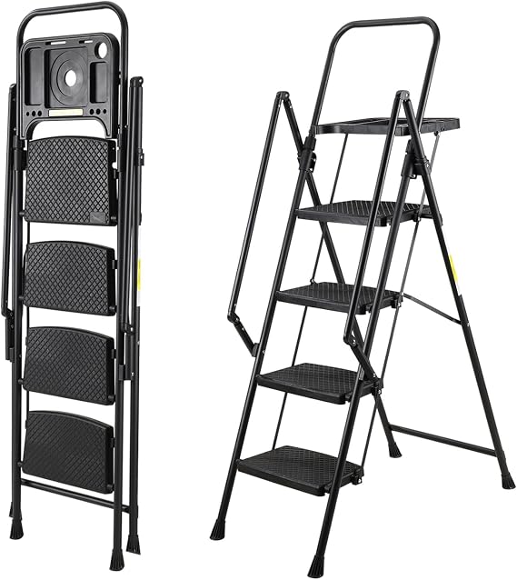 4 Step Ladder with Handrails, Tall Step Ladder with Tool Platform and Widened Non-Slip Pedals, Folding Ladder for Home, Kitchen, Office, 440lbs Capacity (Black)