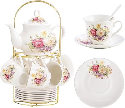 20-Pieces Porcelain Tea Sets For Women, Tea Set For Adult with Golden Metal Rack,Tea Gift Sets for Home&Party012
