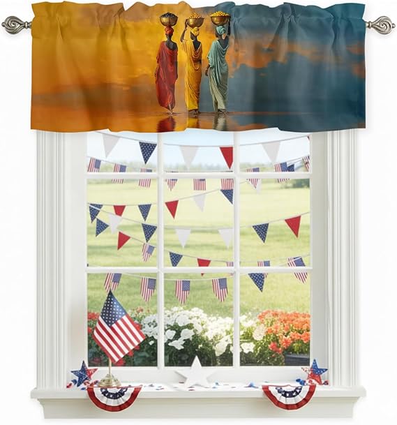 Three Black Women Valances for Windows, African Tribal Boho Red Yellow Green Rod Pocket Kitchen Valance, Small Window Treatment Short Curtains for Kitchen Cafe Living Room Bathroom, 60"x18"