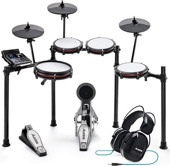 Alesis Nitro Max Kit Electric Drum Set with Quiet Mesh Pads, 10" Dual Zone Snare, Bluetooth, 440+ Sounds, Drumeo, USB MIDI, and Drummer Headphones