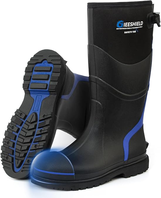 Men's Rubber Work Boots with Steel Toe & Shank, Waterproof & Anti-Slip, 6mm Neoprene, Durable Brown Rubber Boot for Construction, Farming, Manufacturing, Sizes 7-14