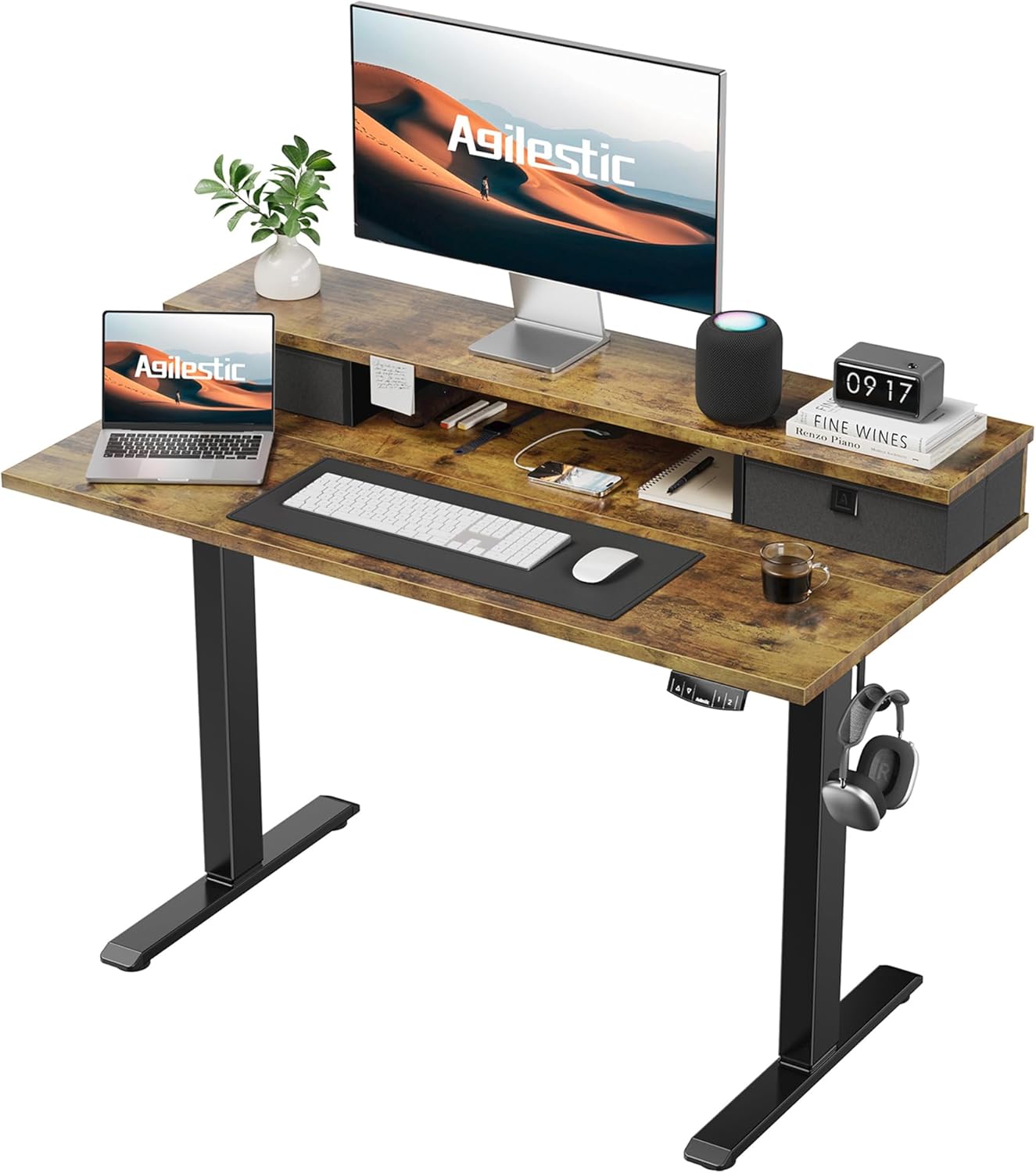 Agilestic Electric Adjustable Height Desk with 2 Drawers, 100 x 60 cm, Stable Sit-Stand Desk with Memory Control, Ergonomic Computer Desk, Brown