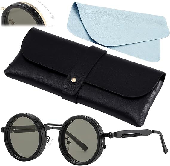 Adjustable Tint Sunglasses, 9-Level Lenses Darkness Adjustment, Round Polarized Adjustable Sunglasses, Retro Style with Case and Cloth