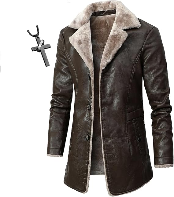 Mens Genuine PU Leather Biker Jacket 3/4 Length Coat Warm Winter Long Leather Jacket Lined Duster Trench Coat (TYP-1,M)