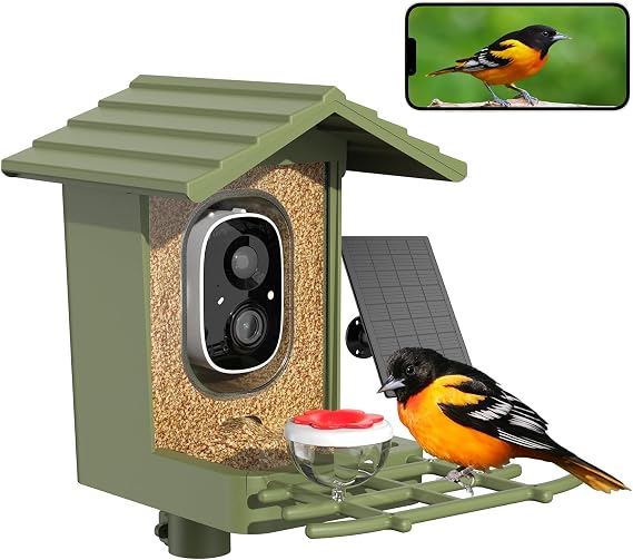 Smart Bird Feeder with Camera, Solar Powered 3MP WiFi Bird Camera with AI Identification, Motion Alerts, Live View, 5000mAh Battery, Outdoor Gift for Bird Lovers