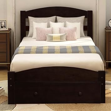 Twin Size Wood Platform Bed Frame with Storage Drawer, Wood Platform Bed with Headboard and Wooden Slat Support, No Box Spring Needed for Dorm Bedroom Guest Room (Espresso)