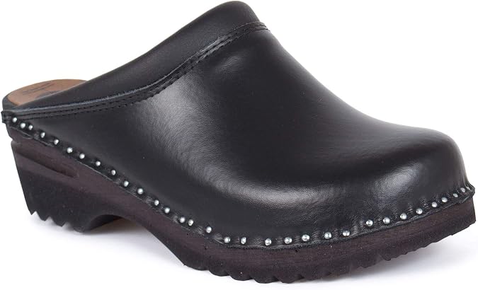 Troentorp Clogs Monet Bastad Slip On Closed Toe Non Slip Womens Leather Wooden Nursing Chef Work Swedish Clogs - Black