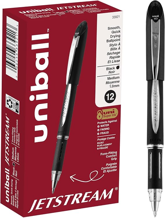 uniballTM Jetstream Ballpoint Pens, Medium Point (1.0mm), Black, 12 Pack