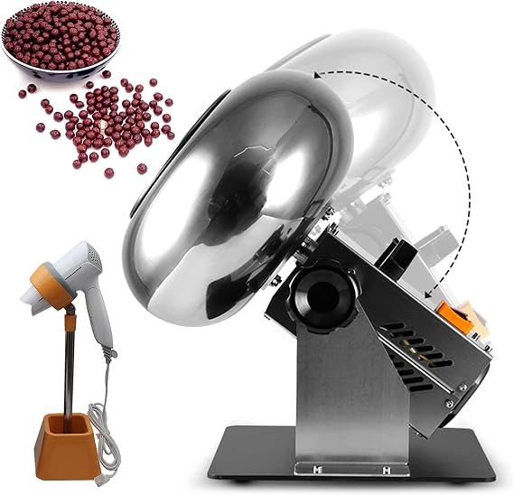Small Commercial Chocolate Panning Machine, 1-3 Kg/Time Sugar Ball Coating Machine, Adjustable Angle Automatic Tablet Coating Machine with Stand & Blower