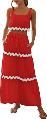 PRETTYGARDEN Womens Summer 2 Piece Beach Outfit Casual Sleeveless Cropped Tank Top High Waisted Maxi Skirt Set
