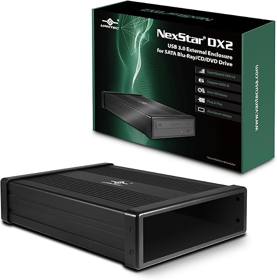Vantec NexStar DX2 USB 3.0 External Enclosure Design for 5.25" Blu-Ray/CD/DVD SATA Drive, Second Generation of DX, No Drivers Needed, Aluminum Alloy (NST-540S3-BK)