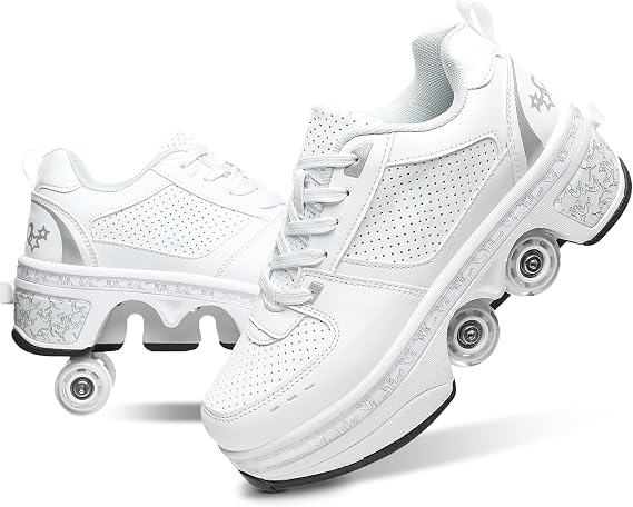 Roller Skate Shoes for Girls, Boys, 2-in-1 Skating Shoes for Man, Women, Retractable Roller Shoes for Kids, Deformation Shoes with Wheels, White