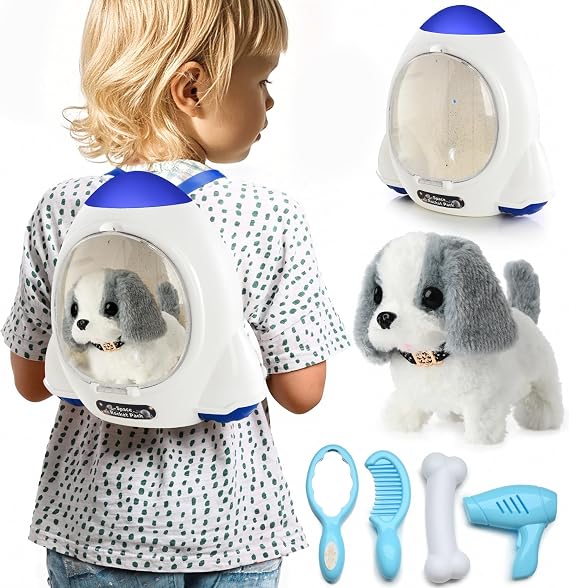 WorWoder Electronic Interactive Plush Puppy - Battery Operated Mechanical Walking Little Pet Dog with a Cute Bag, Barking, Tail Wagging, Stretching Companion Animal for Toddlers & Kids