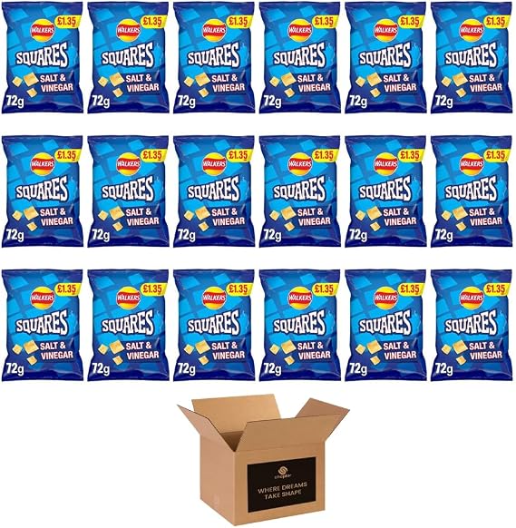 Shopior Crisps Variety Flavours Multipack | Snack Box for Parties, Lunchboxes & Sharing – (Walkers Squares Salt & Vinegar - PMP £1.35, 72g x 18 Packs)