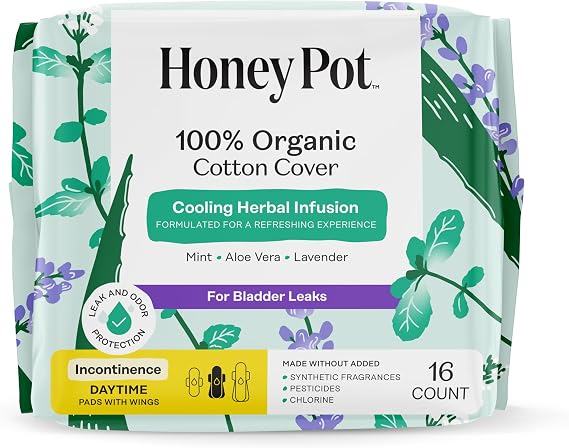 The Honey Pot Company, Herbal-Infused Cotton Incontinence Pads with Wings, 16 Count
