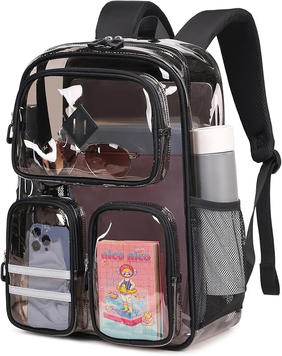 Clear Backpacks for School Heavy Duty Clear Bookbag Stadium Events Transparent Back Pack Girls Boys, Black Semitransparent