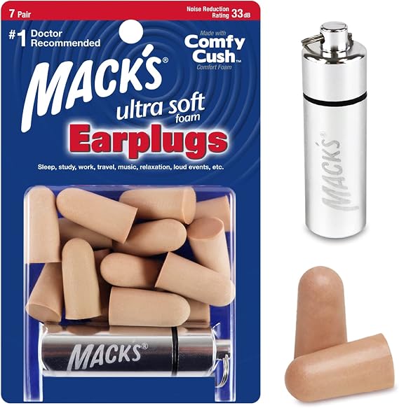 Macks Ultra Soft Foam Earplugs, 7 Pair + Case 33 dB Highest NRR, Comfortable Ear Plugs for Sleeping, Snoring, Travel, Concerts, Studying and Noise