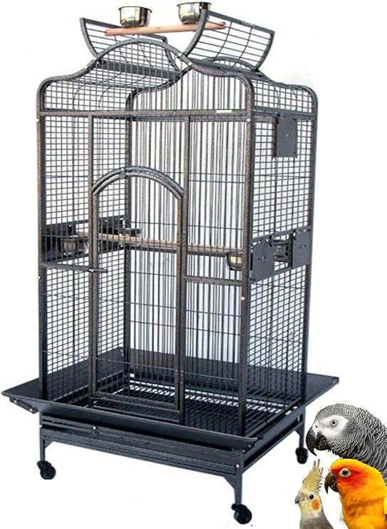 New Large Wrought Iron Open/Close Dome Play Top Bird Parrot Cage, Include Metal Seed Guard (28" W x22 D x 62" H Black Vein)
