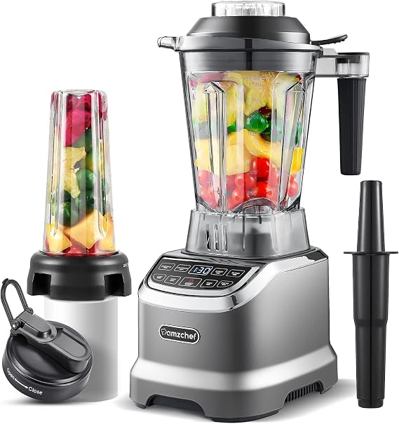 AMZCHEF Blender Smoothie Maker with Two Ways, 1800W Blenders for Kitchen with Smart Panel Control, 3 Speed Control & 4 Preset Settings, 1.8L Jug & 600ml Portable Bottle [Energy Class A+++]