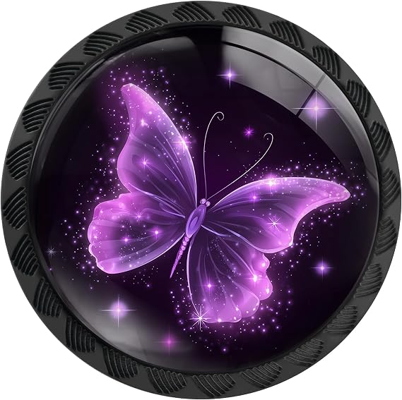 4 Pack Sparkling Butterfly Cabinet Knobs for Kitchen Bathroom | Purple Drawer Pulls Round Black Dresser Handles Hardware for Desk Cupboard Wardrobe Closet Vanity Door Decor