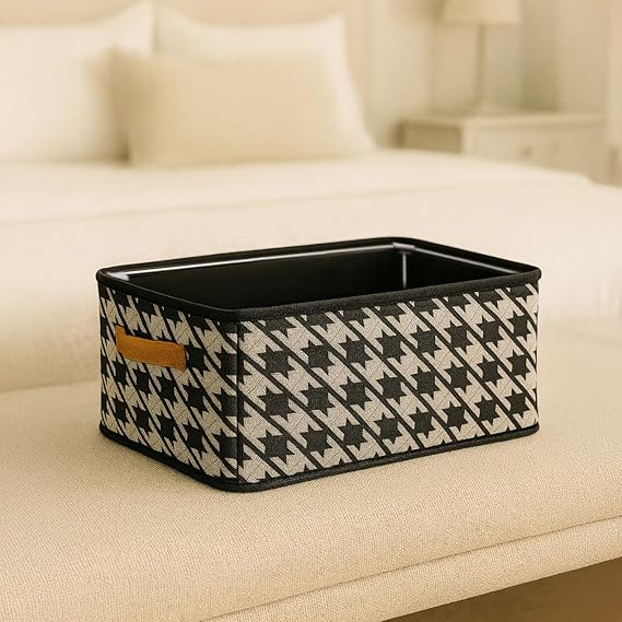 Deconox Shelf Organizer, Foldable Clothing Organizer, Steel Backed Houndstooth Pattern Fabric Multi-Purpose Storage Box, In-Cabinet Drawer Organizer, Gray (45x25x20cm)