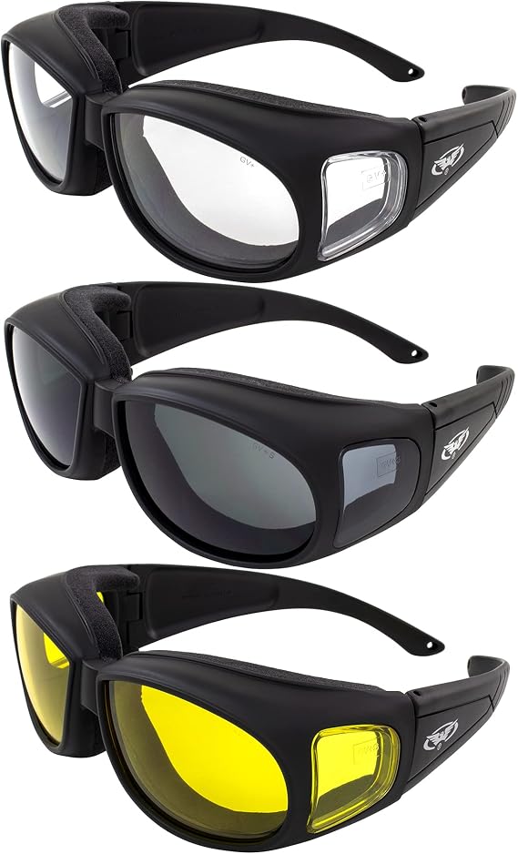 Global Vision Motorcycle Safety Sunglasses Fits Over Glasses 3 Pair Smoke, Clear, and Yellow Day & Night & Gun Range! Usage Meets ANSI Z87.1 Standards