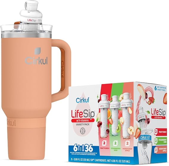 Cirkul 40oz Stainless Steel Insulated Tumbler Bundle in Apricot Includes LifeSip Flavor Cartridge Drink Mix Variety Pack, Zero Calories, No Sugar